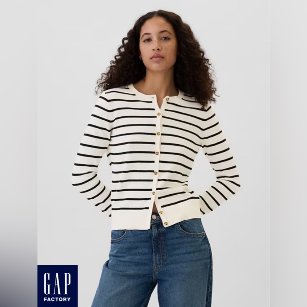 NWT Gap Cotton Classic Cardigan, Off-White w/Black Stripes, Women's Large